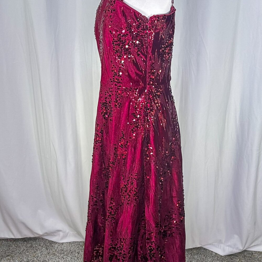 Kensie One-Shoulder Fit & Flare Sequin Velvet Formal Dress Burgundy - Picture 5 of 15